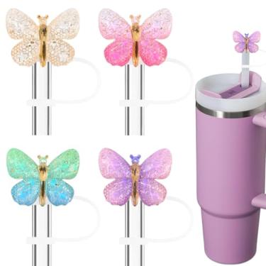 Imagem de Amreich Capas de palha com glitter borboleta - 4 peças de topo de palha brilhante para Stanley Quencher H2.0 850 g e copos de 1,134 g e copos de palha de 10 mm - Acessórios de palha de silicone