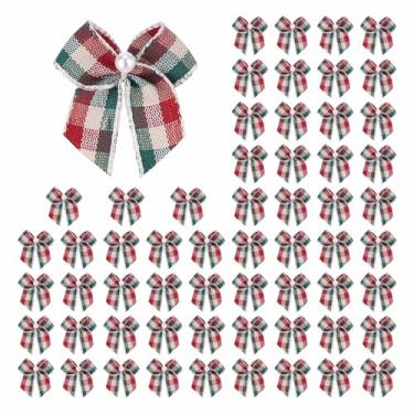 Imagem de Meseey 60 mini laços de fita xadrez de búfalo com apliques de flores de pérola, artesanato DIY para costura, álbuns, casamento, presente, decoração de Natal (verde vinho marfim)