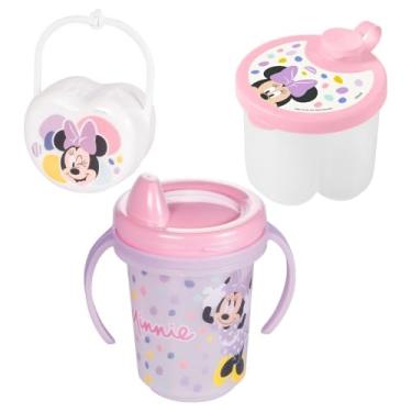 Imagem de Kit Infantil 3 peças Minnie Baby: Porta Chupeta com Alça, Porta Leite em Pó de Viagem para 3 doses e Caneca com Bico e alça - Licenciado Disney Minnie Baby