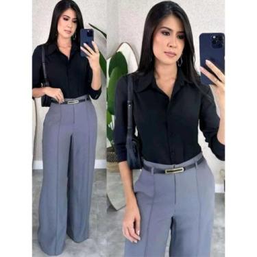 Imagem de Conjunto Feminino Alfaiataria calça pantalona e blusa social manga lon