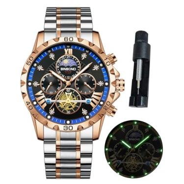 Imagem de BINBOND Relógios masculinos com mostrador grande de aço inoxidável, cronógrafo, moderno, para negócios, diamante, multifunções, à prova d'água, luminoso, Azul-rosa, relógios masculinos