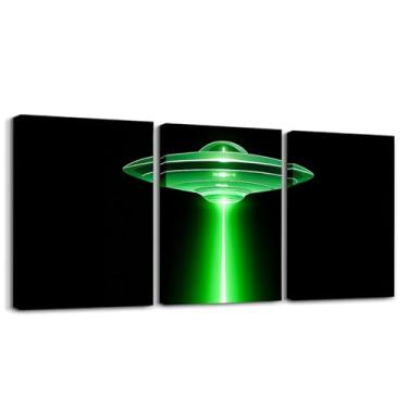 Imagem de Feelyou Arte de parede de OVNI verde para decoração de casa luz verde 3 peças arte de parede em tela para sala de estar quarto preto verde escritório decoração de parede pintura de parede mágica