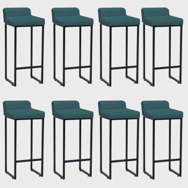 Imagem de Kit 08 Banqueta Alta Mia Com Encosto Cozinha Bistrô Bar Balcão Ferro Preto Suede Azul Turquesa - Ahz Móveis