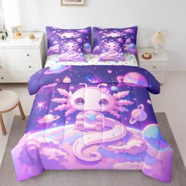 Imagem de Feelyou Jogo de cama infantil fofo Axolotl com desenho animado de animais e adolescentes, 7 peças, tamanho casal, galáxia, planeta, espaço, 7 peças