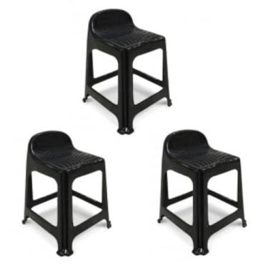 Imagem de Kit 3 Banquetas de Plástico Banquinho Com Encosto Preto Empilhável