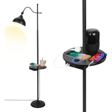 Imagem de JCPYIUL Luminária de chão com prateleira de gaveta, luminária de chão moderna com carregamento sem fio, 2 portas USB com interruptor de botão, luminária de chão com sombra para sala de estar, quarto e