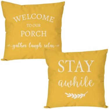 Imagem de PANDICORN Welcome to Our Porch Stay Awhile Farmhouse Capas de almofada decorativas 50 x 50 conjunto de 2 almofadas amarelas para varanda externa primavera verão capas de almofada para decoração de