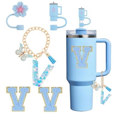 Imagem de Acessórios de copo para Stanley Cup 850.5 g 1,134.0 g, decoração de iniciais de copo para Stanley, incluindo tampa de palha de silicone, pingente de alça, adesivo, azul 5 peças (V)