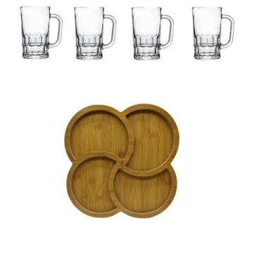 Imagem de Kit Petisqueira de Madeira em MDF (tábua de frios e Petiscos) + 4 Copos/Canecas de Vidro de 360ml para Chopp, Cerveja, Refrigerante ou Suco
