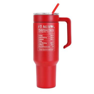 Imagem de Copo vermelho de 1,134 g com alça e canudo – Presente de Dia das Mães gravado para a mamãe – Caneca de viagem isolada de aço inoxidável – Mantém bebidas quentes ou frias – Presente atencioso para mãe