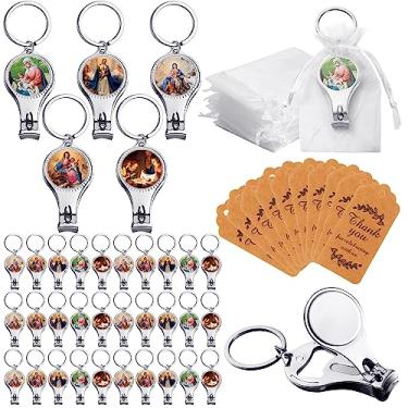 Imagem de 50 conjuntos de chaveiros de anjo com cortador de unhas e abridor de mamadeiras, presente de devolução de chá de bebê, lembrancinhas de festa de primeira comunhão para convidados com etiquetas, bolsas brancas para batizado