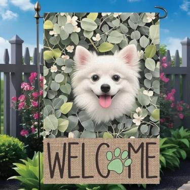 Imagem de MOXDBT Bandeira de casa floral primavera verão 30 x 45 cm dupla face externa, eucalipto branco cachorro bem-vindo sazonal quintal externo bandeira de linho