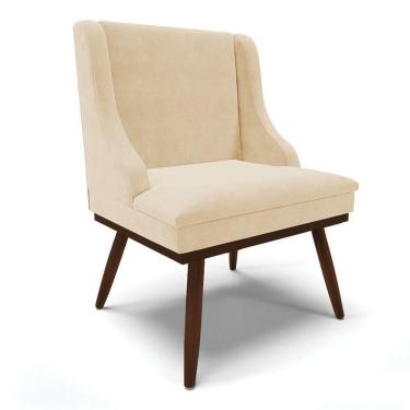 Imagem de Cadeira De Jantar Liz Suede Bege Base Fixa Madeira Com Pés Palito Tabaco - D`rossi