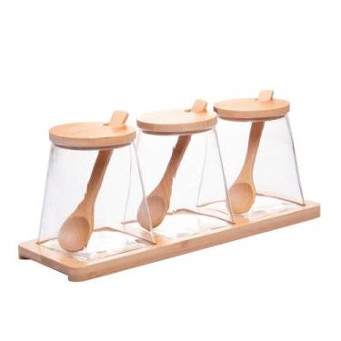 Imagem de Conjunto 3 Potes 350 ml Vidro com Colher e Bandeja de Bambu Wolff