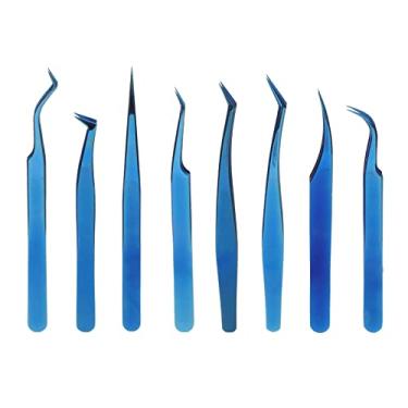 Imagem de OKJHFD 8pcs Eyelash Tweezers Stainless Steel Fine Tip Blue Eyelash Extension Set