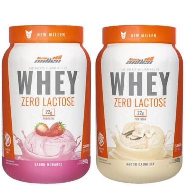 Imagem de 2x Whey Protein Zero Lactose 900G New Millen, Baunilha e Morango