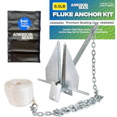 Imagem de Anchor-Man Kit de ancoragem Fluke com corrente de âncora, corda de âncora e bolsa de âncora, conjunto de âncoras galvanizadas para barcos de pontão, vela, barcos pequenos, âncoras de barco para barcos de 45 cm, 60 cm, kit de 3,8 kg