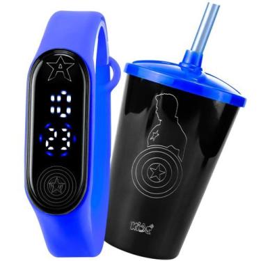 Imagem de relogio infantil digital led prova dagua + copo capitao america presen