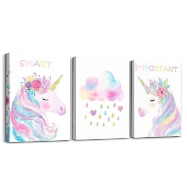 Imagem de Erosebridal Decoração de parede de unicórnio fofo sonho animal arco-íris impressão arte de parede flores coloridas bonito cavalo sonhador pôster pinturas para quarto de crianças quarto sala de estar