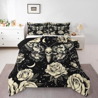 Imagem de jejeloiu Conjunto de edredom para crianças, meninos, meninas, decoração de caveira gótica, tamanho casal, boêmio, mariposa, edredom respirável, macio, leve, 3 peças