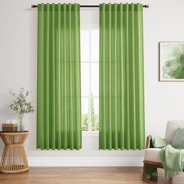Imagem de Cortinas de linho verde limão 182 cm de comprimento para sala de estar quarto conjunto leve de 2 painéis, aba traseira com filtro de luz semitransparente ou cortina de bolso de haste, 132 x 182 cm