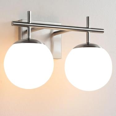 Imagem de Aijiasi Luminária de níquel escovado, 2 luzes de iluminação moderna para banheiro com sombra de vidro fosco branco leitoso, arandela de parede de meados do século