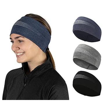 Imagem de TrailHeads Faixa de cabeça feminina com rabo de cavalo refletiva, absorvente de umidade para corrida, inverno - série adrenalina - preto/cinza urze, azul marinho, refletivo, pacote com 3