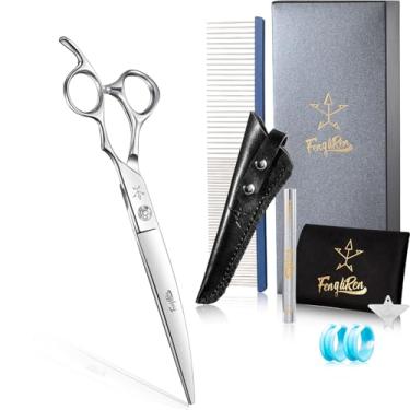 Imagem de Fengliren Tesoura curvada profissional de alta qualidade para cuidados com cães de 18 cm, extremamente afiada, feita de liga de aço inoxidável à mão para tosador de cães e gatos
