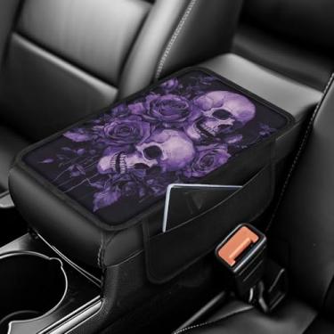 Imagem de Dreaweet Capa de apoio de braço de carro, capa de console de caveira rosa roxa com bolsos, acessórios de carro de Halloween para mulheres, interior para apoio de braço, caixa de armazenamento, tapete