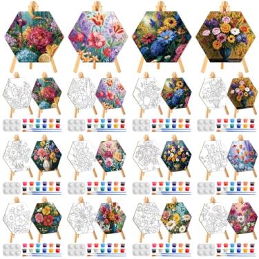 Imagem de Watersay 12 conjuntos de telas pré-desenhadas para kit de pintura, 12 peças de tela pré-desenhada com estampa floral de 15 x 15 cm, cavaletes, paletas, potes de tinta e 24 pincéis, lembrancinha de