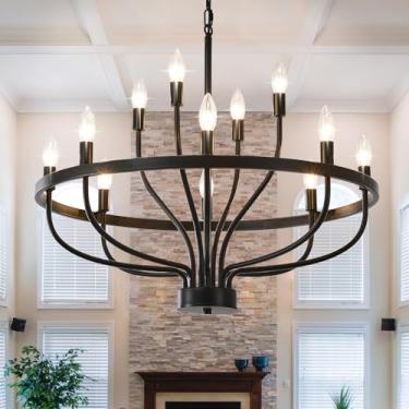 Imagem de XINGSIYUELYX Lustre Preto De 28 Polegadas Para Sala De Jantar, Luminária Preta De 12 Luzes Para Sala De Jantar, Grande Lustre Industrial De Fazenda, Lustres Rústicos De Vela Para Sala De Estar, Hall