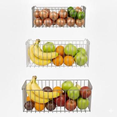 Imagem de Kit 3 Cestos Multiuso Aramado Fruteira de Parede para Cozinha Lavander