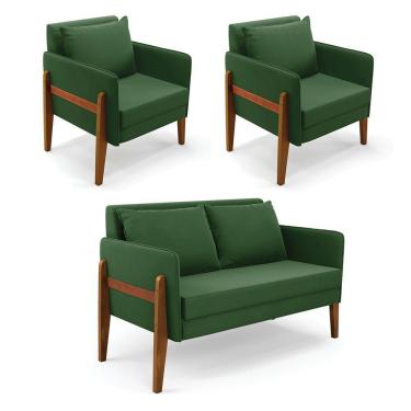 Imagem de Kit 1 Sofá Namoradeira E 2 Poltronas Lana Suede Base De Madeira - D'rossi Cor Verde