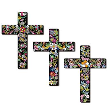 Imagem de CAKIROTS 3 peças de decoração de parede com cruz floral arte de parede mexicana estilo espanhol crucifixo crucifixo para decoração de casa decoração do dia dos mortos 21 x 29 cm