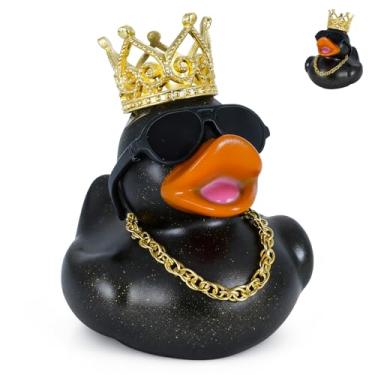 Imagem de Crown Duck Decoração de painel de carro, pato de borracha preta com glitter, coroa dourada, óculos de sol e colar, enfeite de Natal DIY, brinquedo para carro, casa, escritório