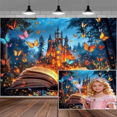 Imagem de Pano de fundo de floresta encantada, livro mágico, conto de fadas, castelo das maravilhas com foto de fundo de borboleta, princesa, decoração de festa de aniversário, faixa de chá de bebê, decoração