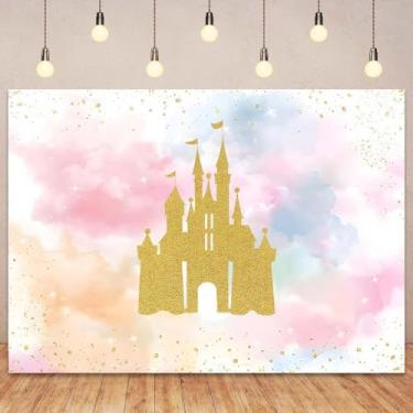 Imagem de Cenário de castelo real com glitter dourado, castelo de princesa, cenário de aniversário, aquarela, pastel, arco-íris, para meninas, decoração de bolo, decoração de mesa, adereços para cabine de fotos