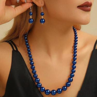 Imagem de Conjunto de colar e brinco de pérolas, joias de pérolas para mulheres, contas grossas, gargantilha, casamento, noiva, formatura, fantasia, bijuteria, meias, Medium, Latão, Sem Pedra Preciosa