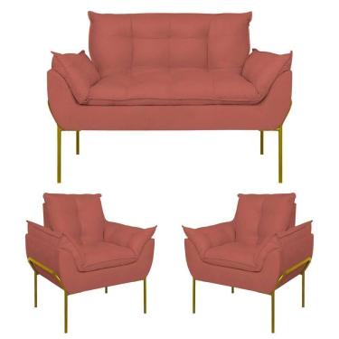 Imagem de Kit 2 Poltronas + Namoradeira Pé Metal Dourado Recepção Sala Rosa