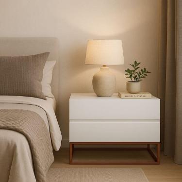 Imagem de Mesa De Cabeceira Retrô Alto Padrão Com 2 Gavetas Base Cobre Branco