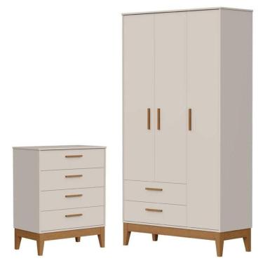 Imagem de Guarda Roupa Infantil Flip 3 Portas Com Cômoda Gaveteiro Infantil Flip Areia Acetinado - Reller