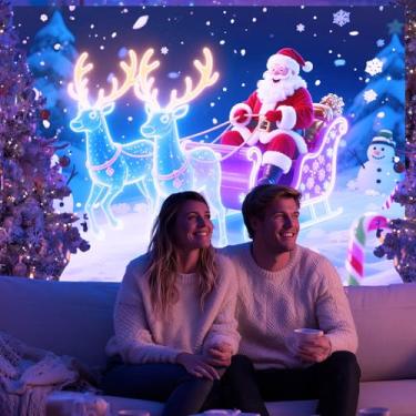 Imagem de BlissYard Tapeçaria brilhante de trenó de rena de Papai Noel neon luz negra Feliz Natal UV reativo brilha no escuro inverno país das maravilhas decoração de férias para quarto sala de estar 198 x 159