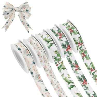 Imagem de SEHANY 5 rolos de fita de Natal 0,59 polegadas 5 jardas fitas de tecido de árvore de Natal fitas de cetim festivas fitas decorativas de Natal para embrulho de presente faça você mesmo artesanato