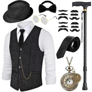 Imagem de VillbeCoser Fantasia masculina anos 1920, conjunto de acessórios de fantasia dos anos 20, colete com muletas dobráveis, chapéu Fedora, relógio de bolso, gravata borboleta e gravata, fantasia de