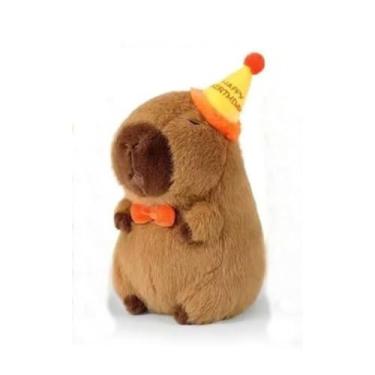 Imagem de Capivara de Pelúcia Aniversário – Bichinho de Pelúcia com Chapéu “Happy Birthday”, Fofo, Macio e Decorativo – 3 Tamanhos (Pequeno, Médio e Grande) (Médio – 30 a 35 cm)