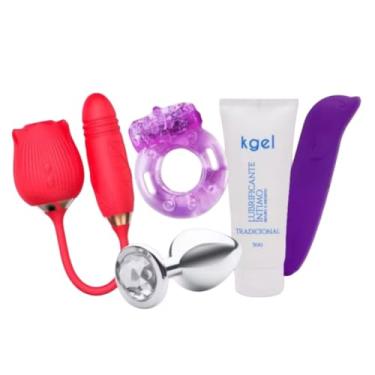 Imagem de Kit Completo 5 em 1 com Vibrador Rosa Vai e Vem, Anel Estimulador, Plug Anatômico, Lubrificante KGel 50g, Golfinho Vibratório, Silicone, Vermelho, Recarregável