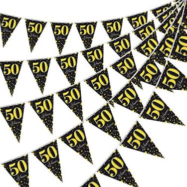 Imagem de Blulu Pacote com 5 bandeiras de flâmula de festa de 50 anos, faixa preta dourada de 50 anos, acessório de festa com bandeira triangular, 18 x 27 cm