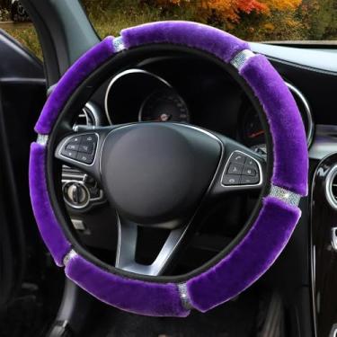 Imagem de Knonip Capa de volante respirável antiderrapante, capa de design de strass fofo de 38 cm, capa de alça de carro confortável e moderna para o inverno (roxa)
