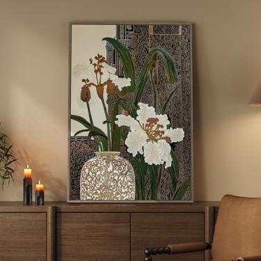 Imagem de Arte de parede floral vintage emoldurada para decoração de quarto, arte em tela botânica antiga retrô para paredes, estampa de pintura vertical estética de flores elegantes para sala de estar, quarto