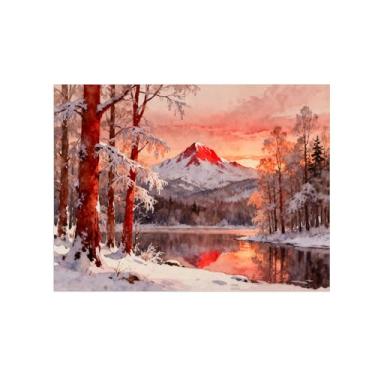 Imagem de Arte de parede paisagem imagem em tela - montanha árvore lago pôr do sol decoração moderna pintura impressão para sala de estar quarto 50 x 65 cm 20 x 26 pol sem moldura